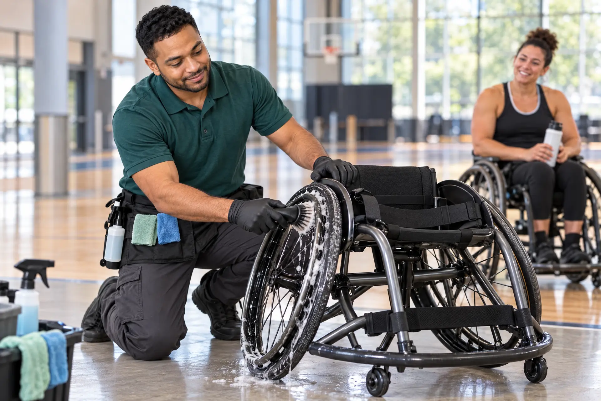 Adaptive sports wheelchair being cleaned